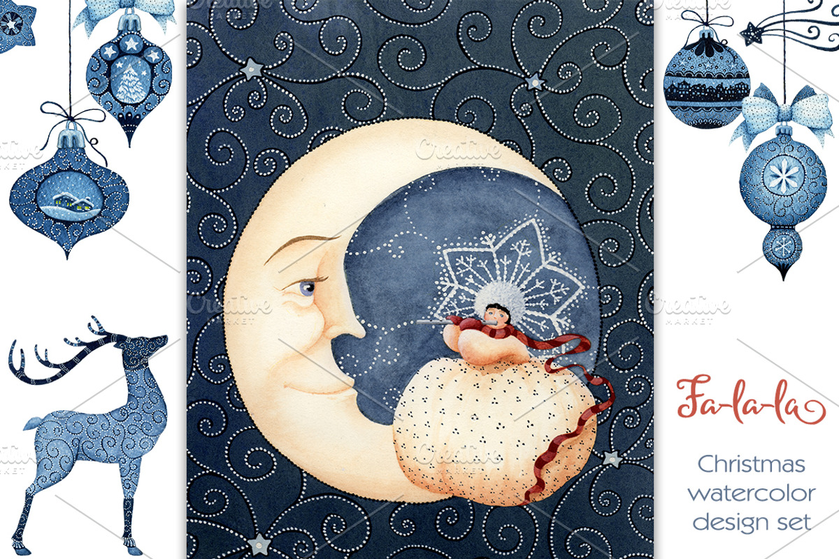 Fa-la-la Indigo Christmas Set, an Illustration by Watercolor Nomads (Photo 1 of 3)