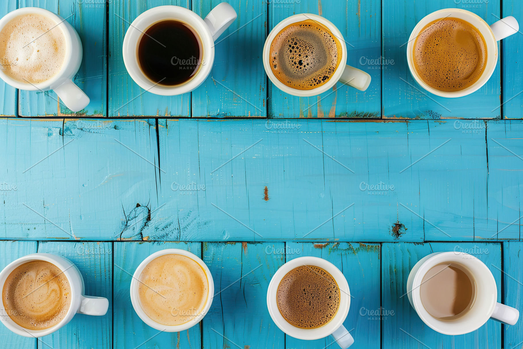 Flat lay of different cups of coffee with copyspace on wooden ta, a Food & Drink Photo by AlyaAnd