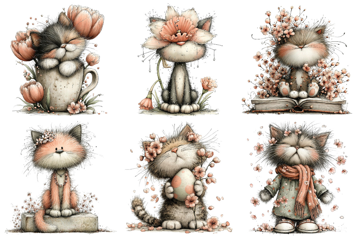 Whimsical Spring Cats Clipart, a Graphic by CitraGraphics