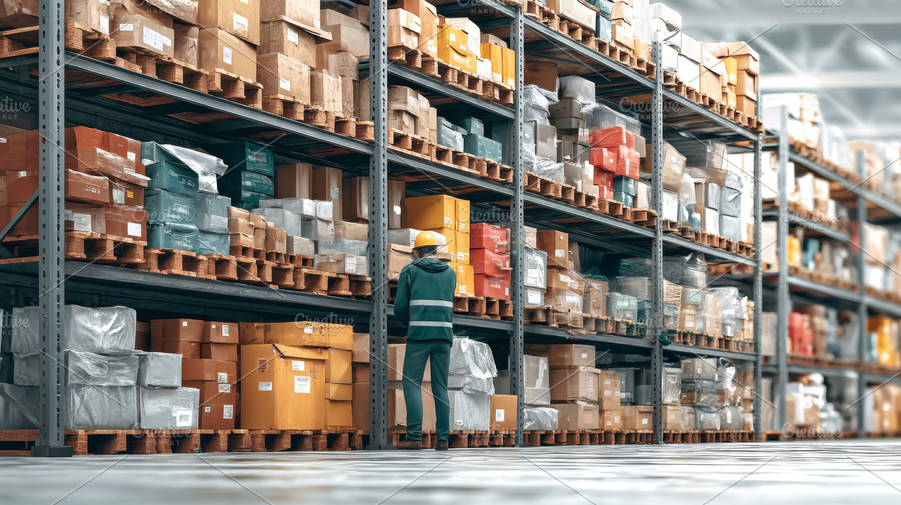 Warehouse worker checking inventory on pallet racking in a large modern logisti, a Photo by AS photostudio