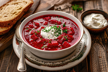 Bowl of beet root soup borsch on wooden table, a Food & Drink Photo by AlyaAnd