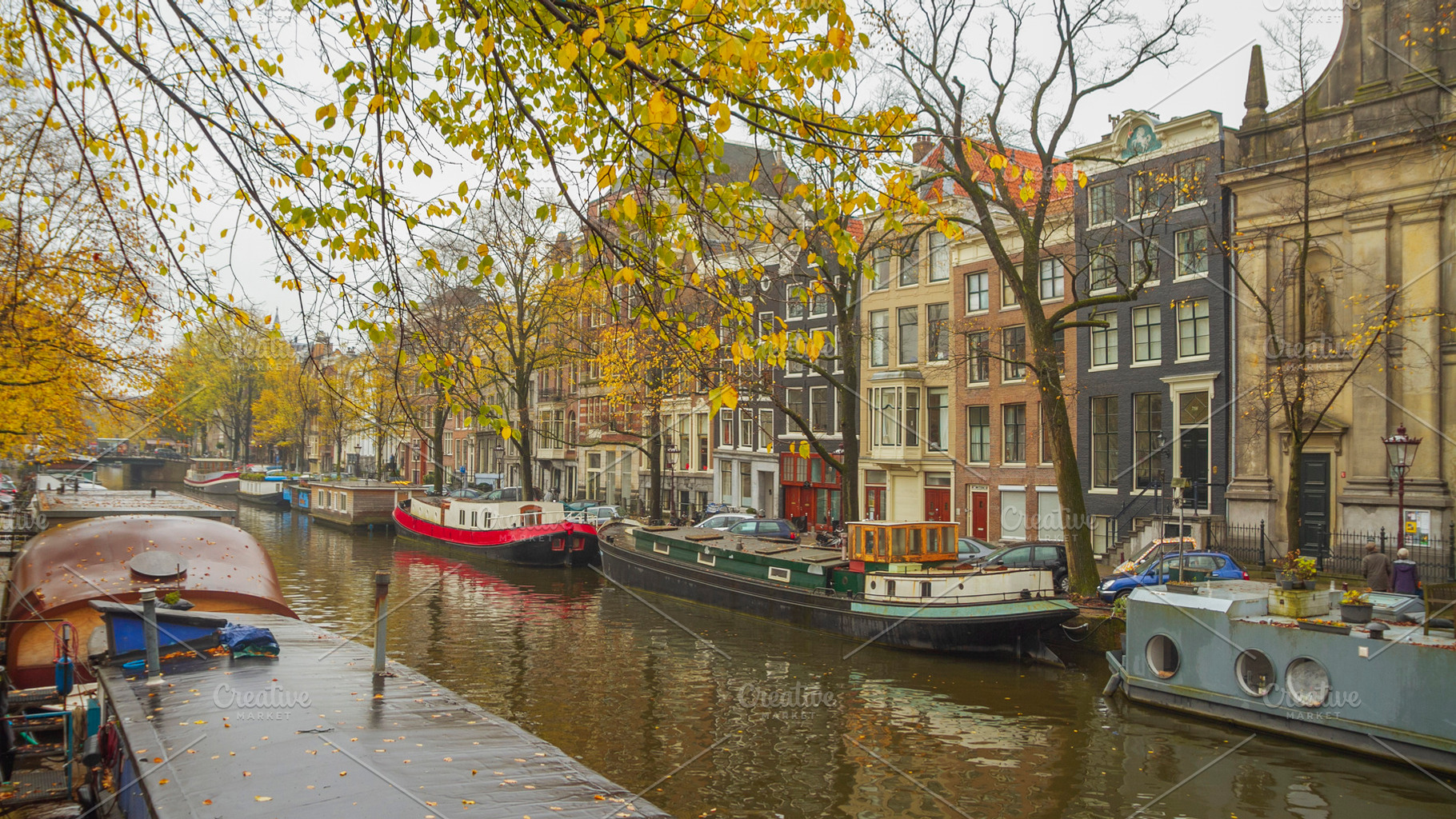 Autumn canals of Amsterdam with houseboats and Dutch houses, pan, a Photo by Pictures for you!!!!!!!!!