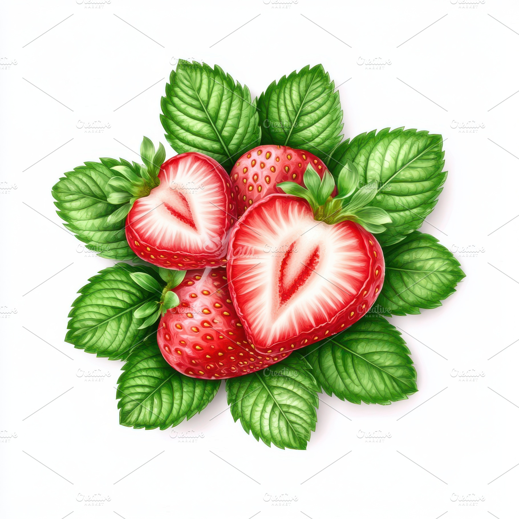 Strawberry with sliced half and leav, a Food & Drink Photo by Pixeness Studio