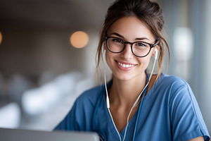 Smiling young nurse in blue scrubs, a Health & Medical Photo by MistyDay