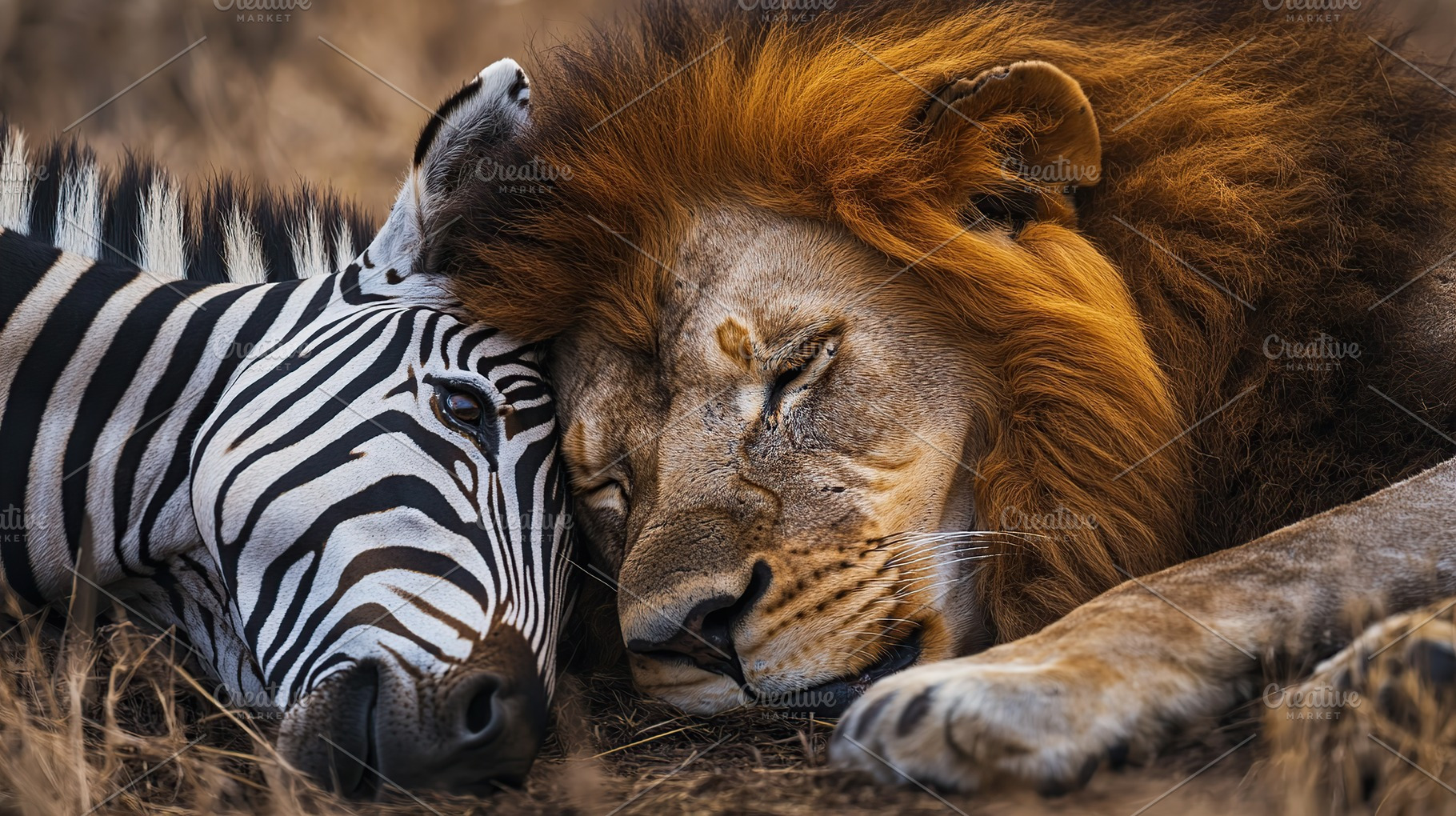 Male lion and a zebra sleeping near each other in African savannah, an Animal Photo by AlyaAnd