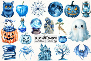 Blue Halloween Bundle Watercolor PNG, an Illustration by Pixels.Craft