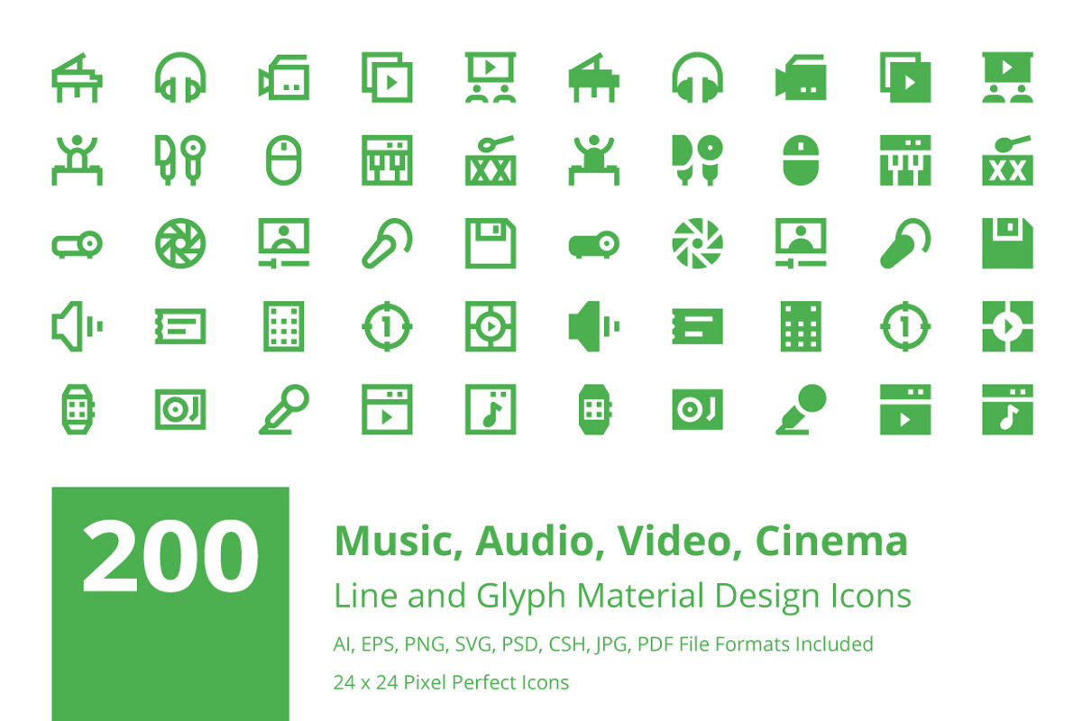 200 Multimedia Material Design Icons, a Solid Icon by Creative Stall (Photo 1 of 5)