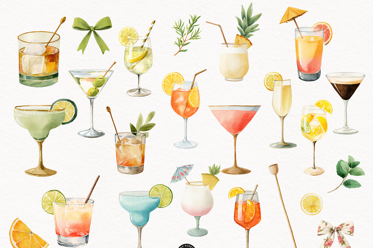 Happy Hour Cocktail Drinks Set, a Decorative Illustration by PaintPixelCo (Photo 4 of 14)