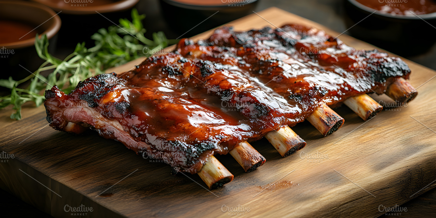 Barbecue pork ribs with glaze on wooden board, a Food & Drink Photo by Photostock