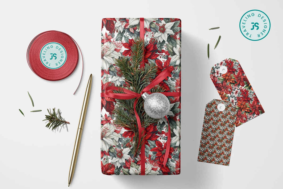 Poinsettia Christmas Seamless Paper, a Pattern Graphic by Traveling Designer (Photo 2 of 5)