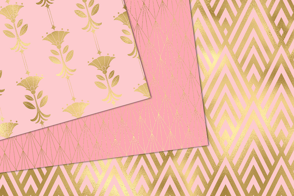 Pink and Gold Art Deco Digital Paper, a Pattern Graphic by Digital Curio