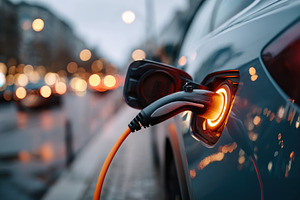 Electric car charging at a charging station, a Transportation Photo by AlyaAnd