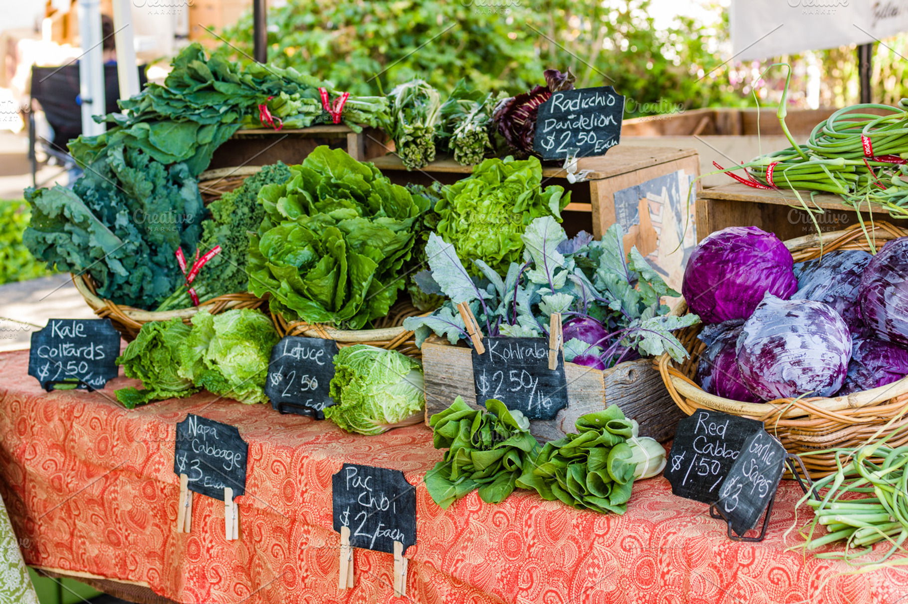 Fresh vegetable display at the market containing business, food, and basket, a Food & Drink Photo by Zigzag Mountain Art