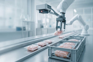 Robotic arm packaging food in automa, a Photo by Dvoevnore photos