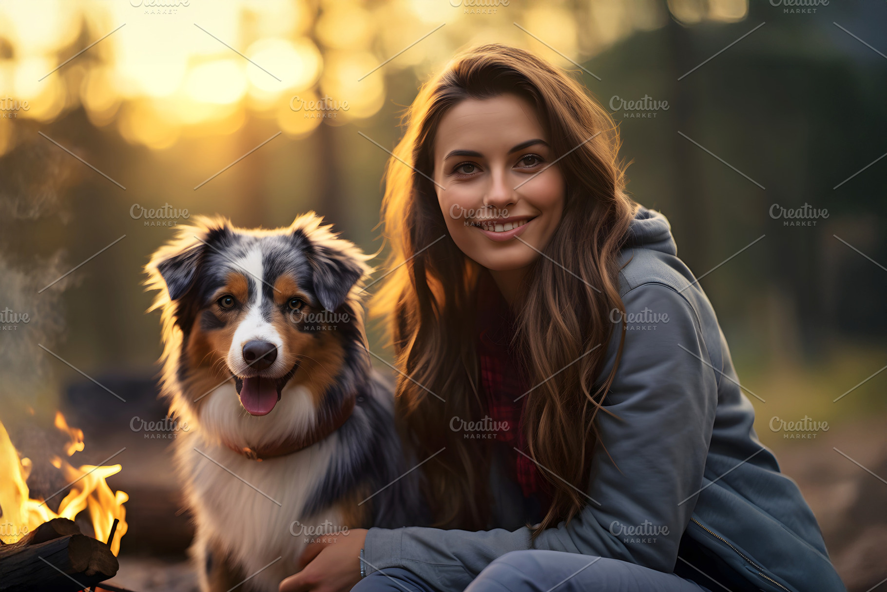 Portrait of Australian Shepherd dog with woman sitting in forest near bonfire, an Animal Photo by Lenor4ik