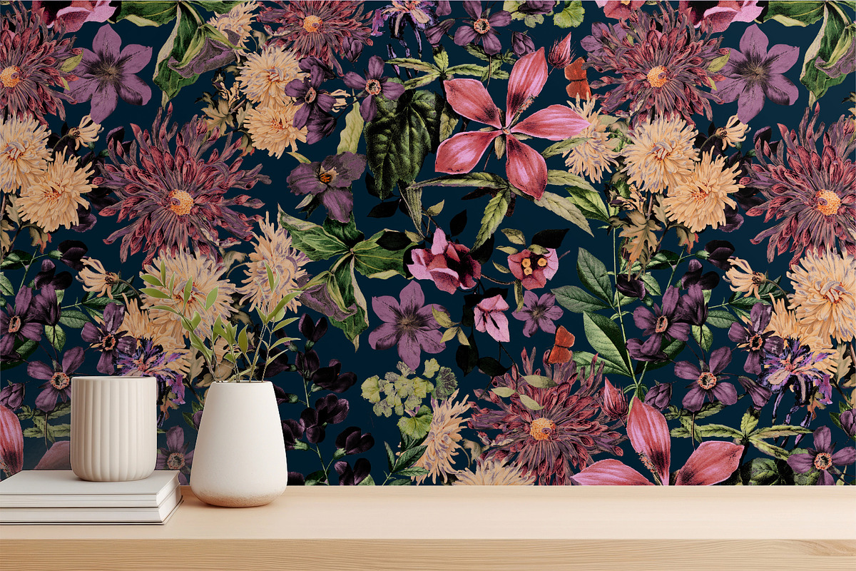 Dark Blossom Flowers Seamles Pattern, a Wallpaper Graphic by MalyskaStudio