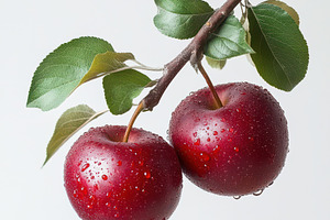 Two red apples with green leaves han, a Food & Drink Photo by Pixeness Studio