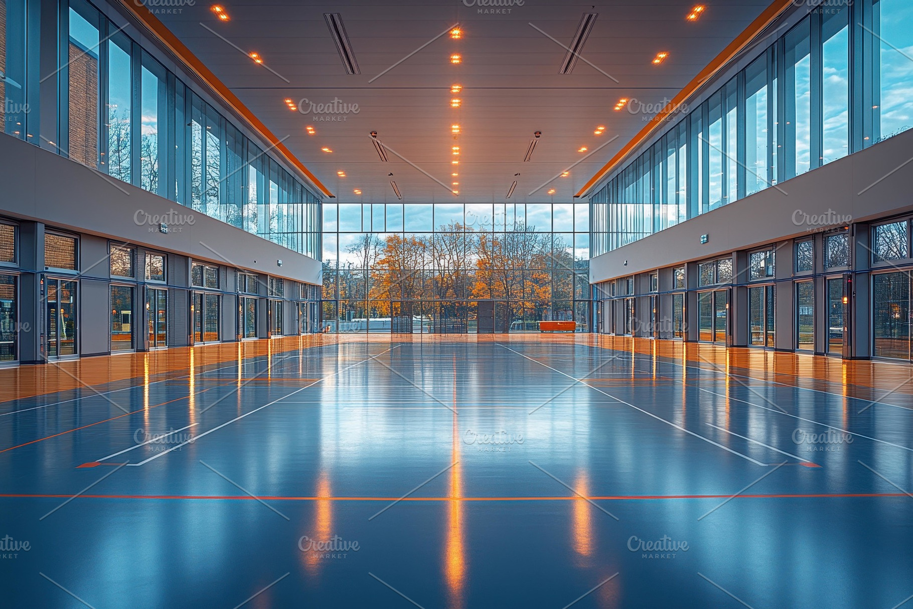 Modern gymnasium with large windows, a Photo by Tanuart