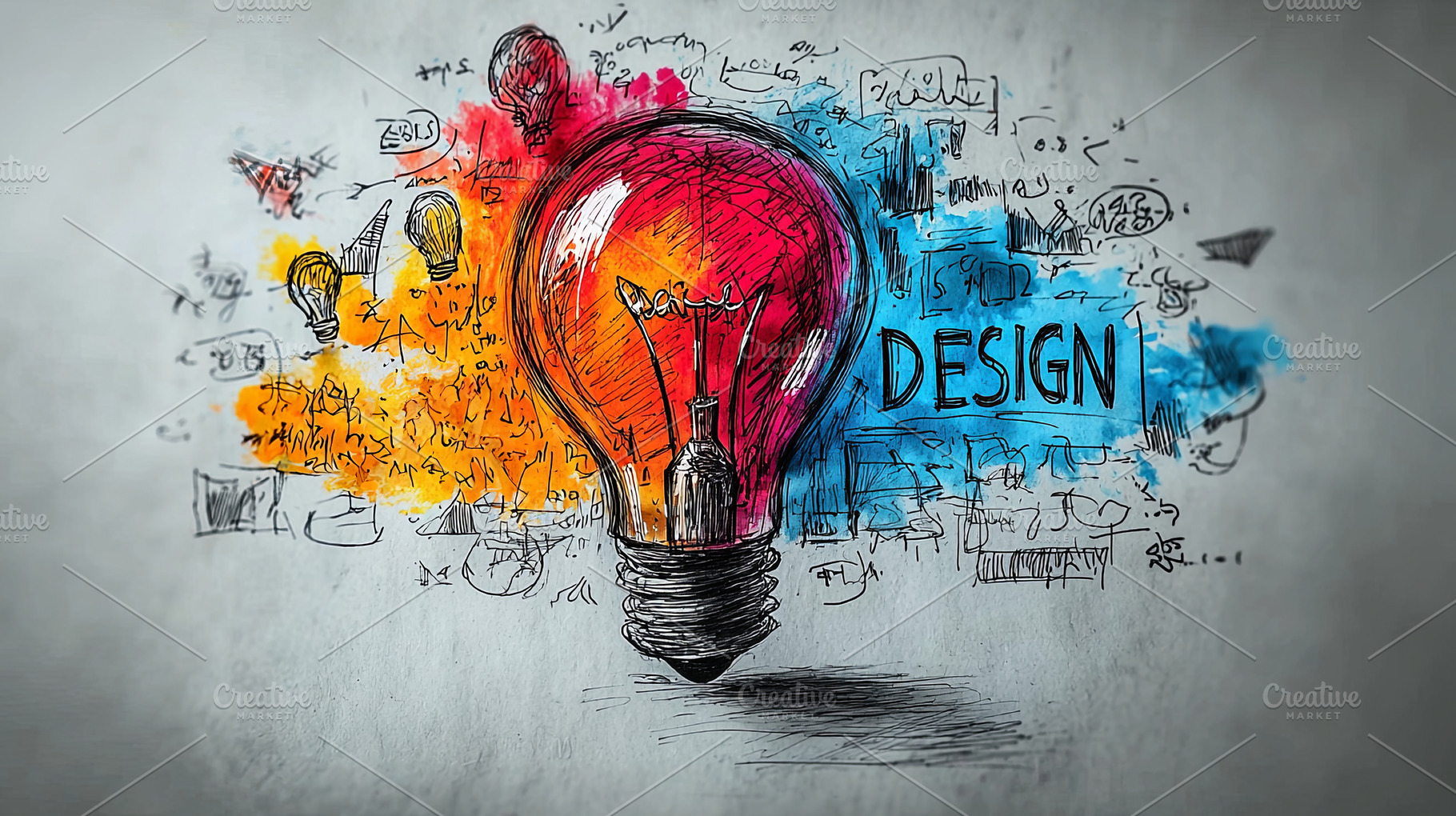 Creative colorful light bulb sketch with design concept, a Photo by AS photostudio