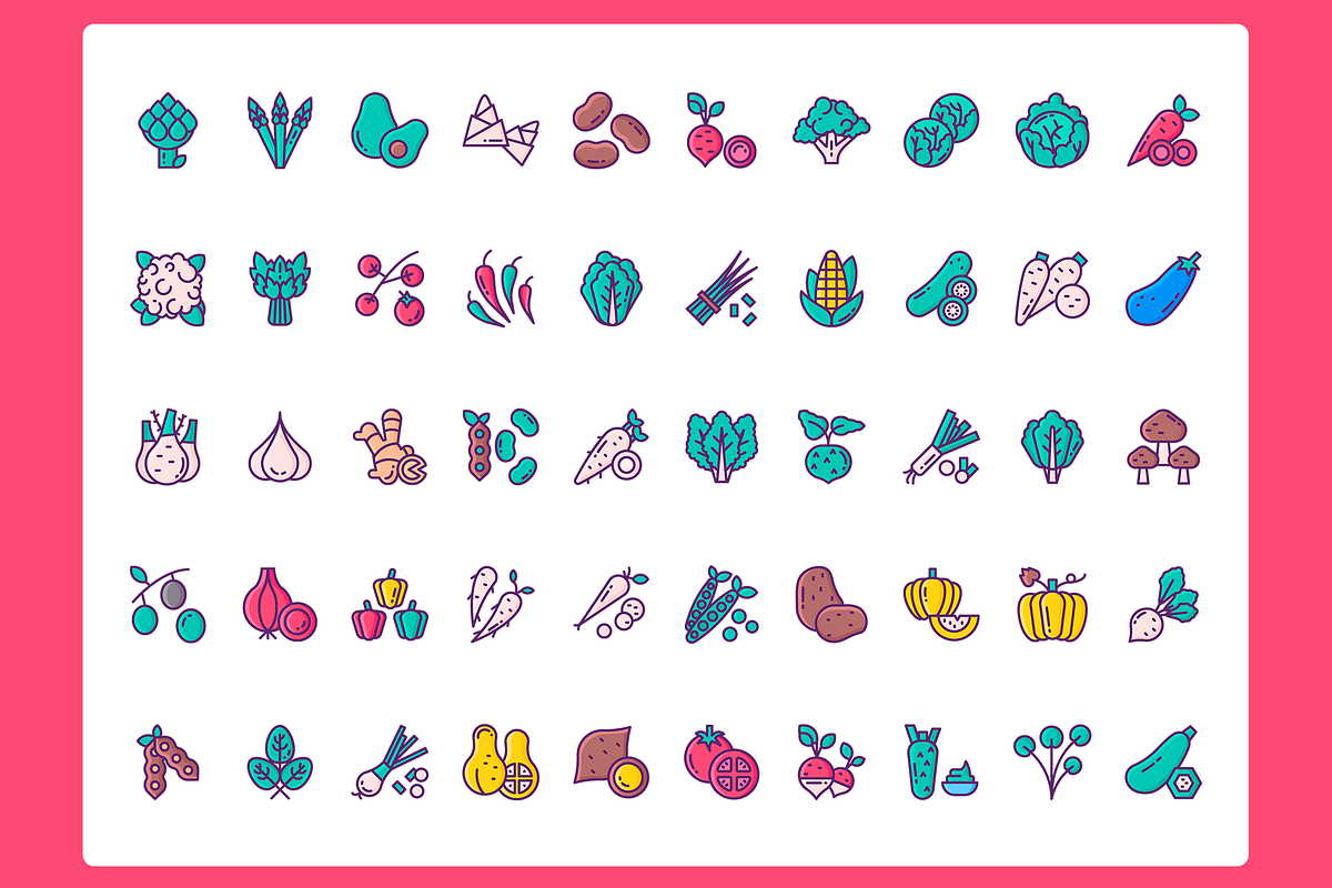 50 Vegetable Produce Icons, a Solid Icon by Flat Icons (Photo 2 of 7)