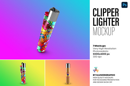 Clipper Lighter Mockup - 7 views, a Merchandise Mockup by Illusiongraphic