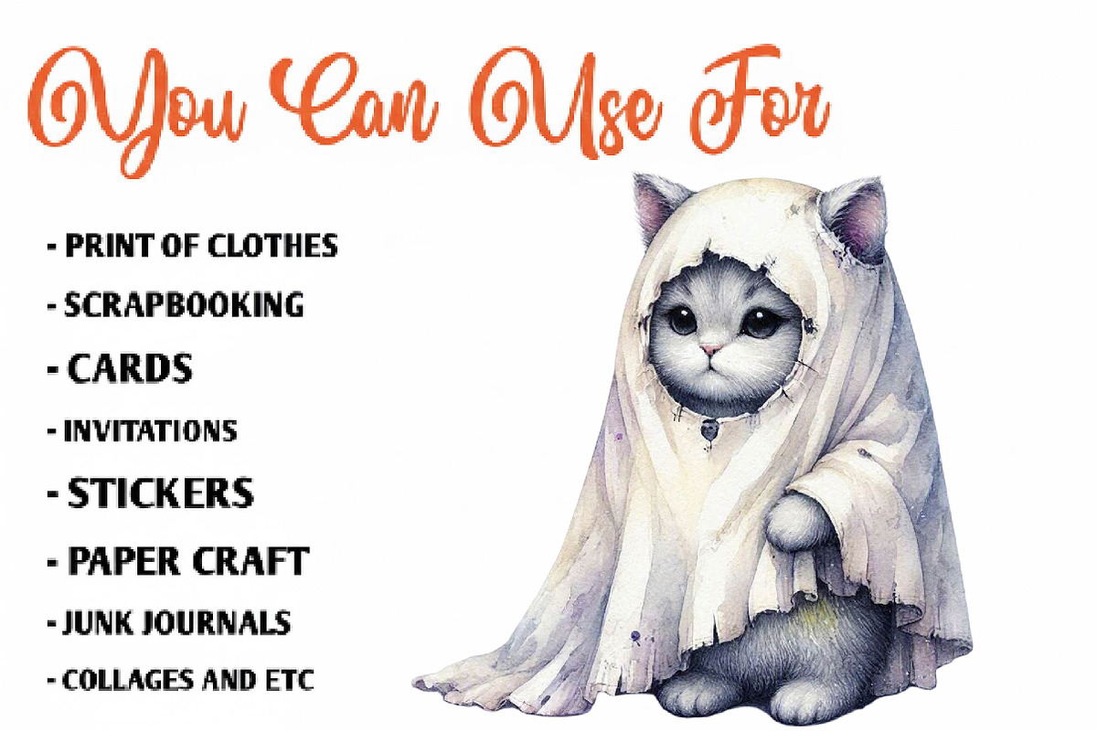 Watercolor Halloween Ghost Cat PNG, a Seasonal Illustration by CreationArt (Photo 5 of 7)