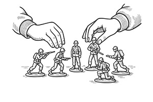 Hands arranging toy soldiers vector, an Illustration by AlexArt