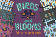 Birds and Blooms-folk art set, a Background Graphic by ComelyPics Shop (Thumbnail 1 of 12)