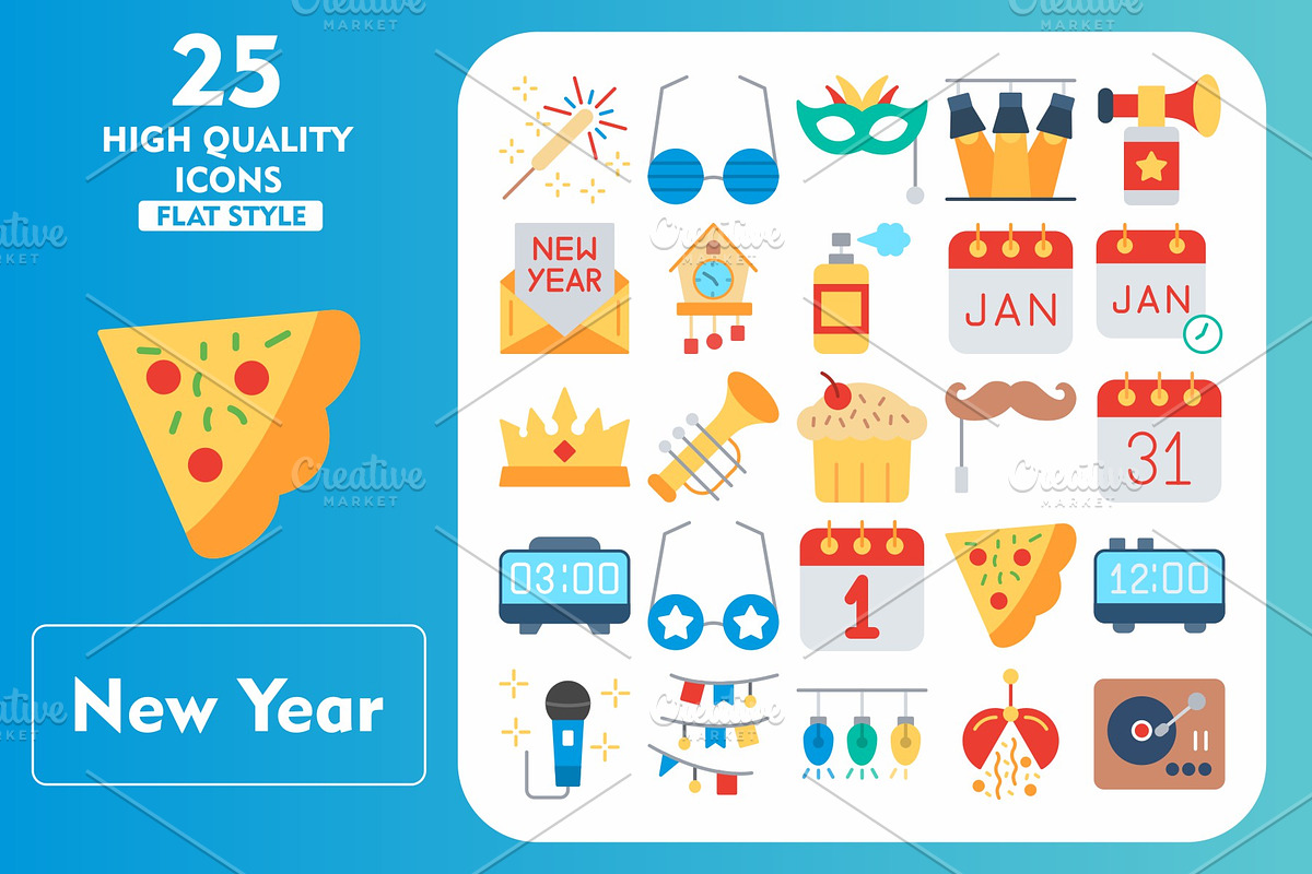 25 New Year's Flat Icons, an Icon by Pexelpy