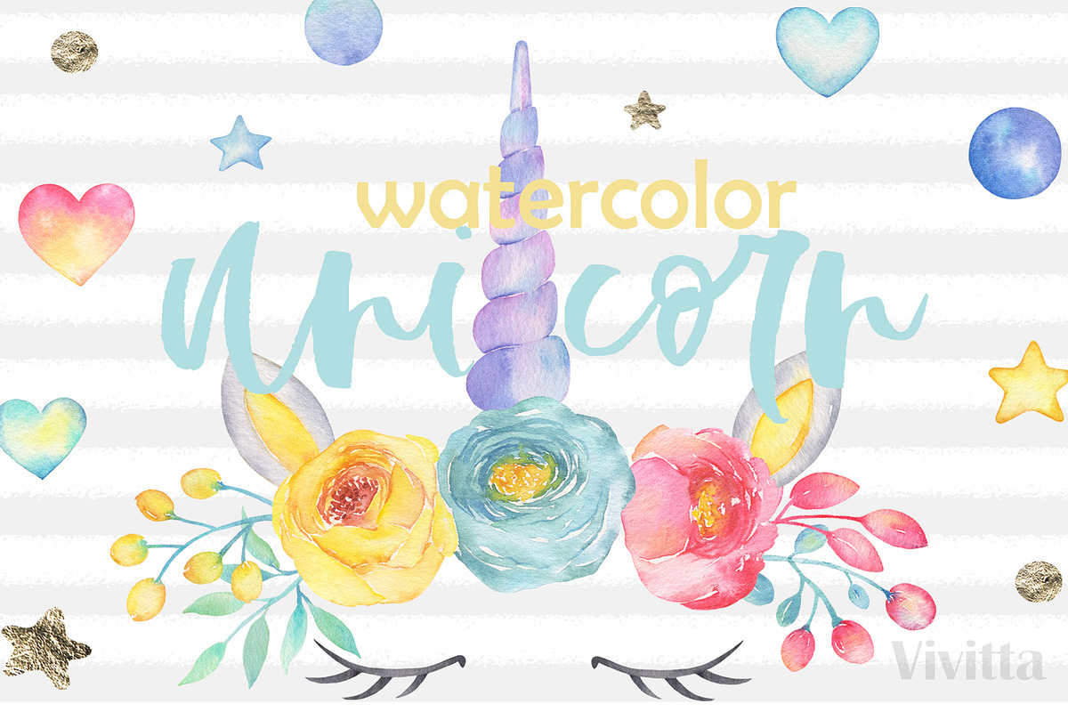 Watercolor Unicorn floral clipart, an Animal Illustration by Vivitta (Photo 1 of 4)