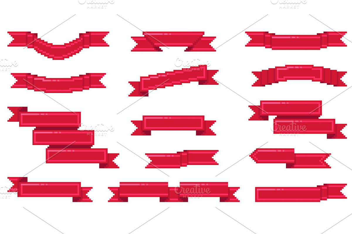 Pixel ribbons. Red 8 bit game assets, an Illustration by YummyBuum
