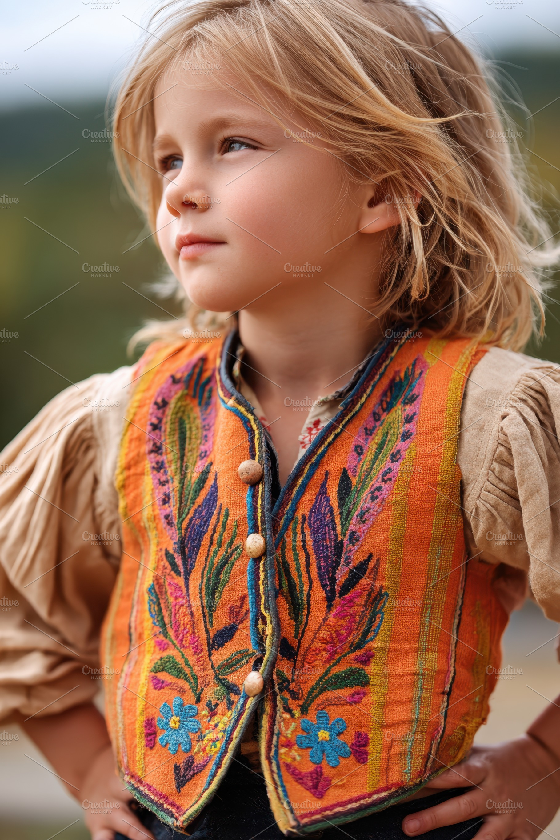 Young girl in colorful embroidered vest outdoors, a Person Photo by AlyaAnd