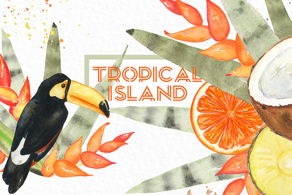 Tropical island. watercolor clipart., a Decorative Illustration by LABFcreations (Photo 5 of 7)