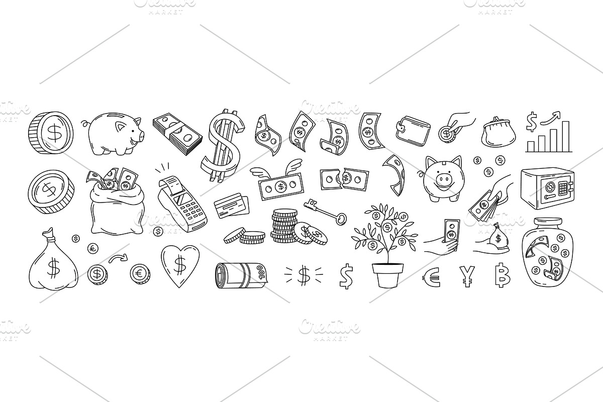 Doodle money. Banknotes and coins, a Finance Illustration by winwin.art