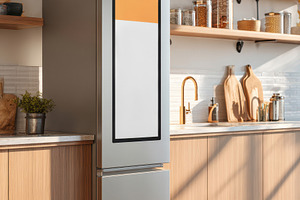 Modern Kitchen with Sleek Refrigerator and Wooden Shelves, a Food & Drink Photo by AlyaAnd