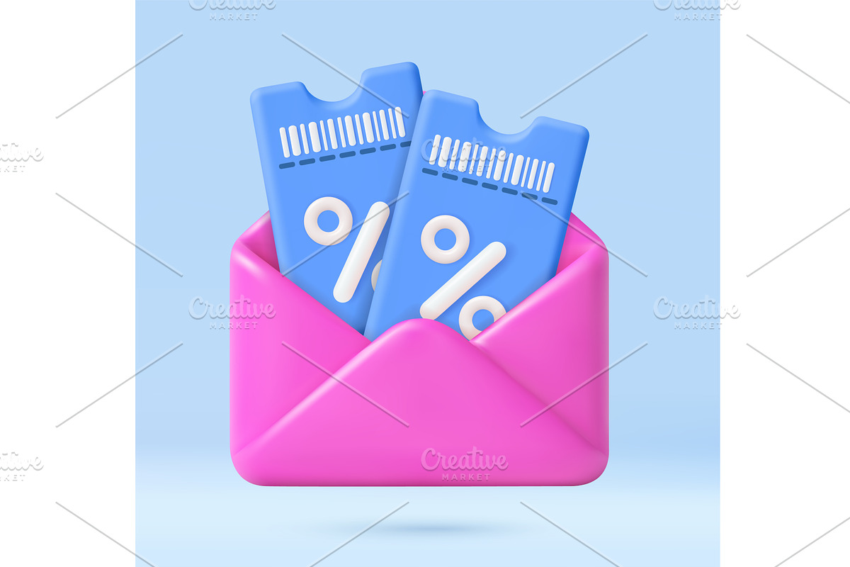 3D discount coupons in pink envelope, a Finance Illustration by ModVector