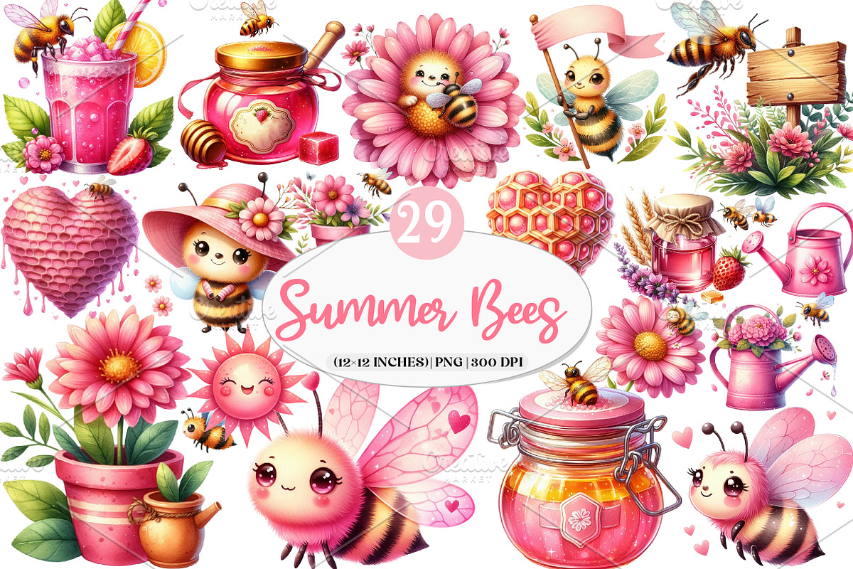 Pink Summer Bees Garden Clipart, an Illustration by Watercolor design (Photo 1 of 4)