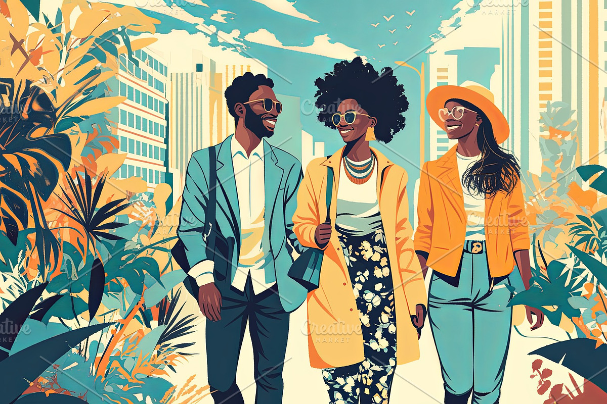 Three friends walking together in a vibrant city surrounded by greenery, an Illustration by AS photostudio