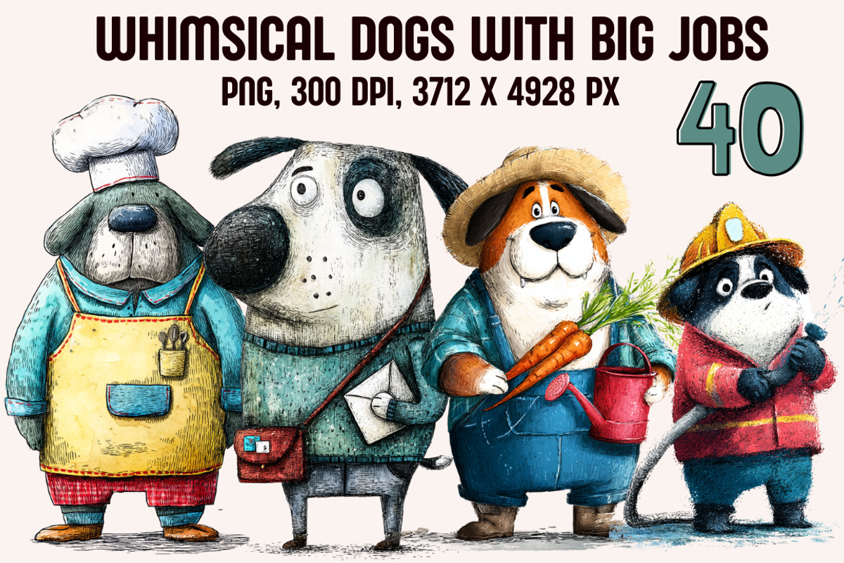 Whimsical Dogs With Big Jobs, an Animal Illustration by PrintHaven Designs (Photo 1 of 10)