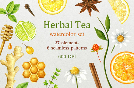 Herbal tea.Watercolor set