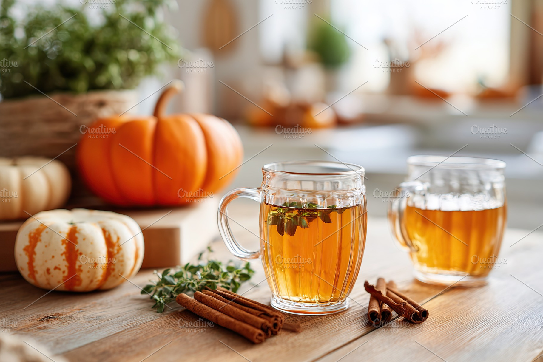 Cozy kitchen with pumpkins and warm drinks inviting autumn vibes, a Food & Drink Photo by AlyaAnd