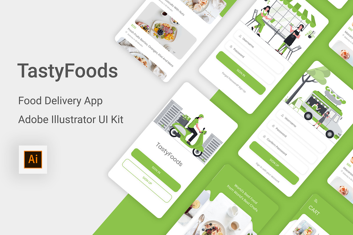 Food Delivery Adobe Illustrator App, an UI Kit Template by themelove (Photo 1 of 9)