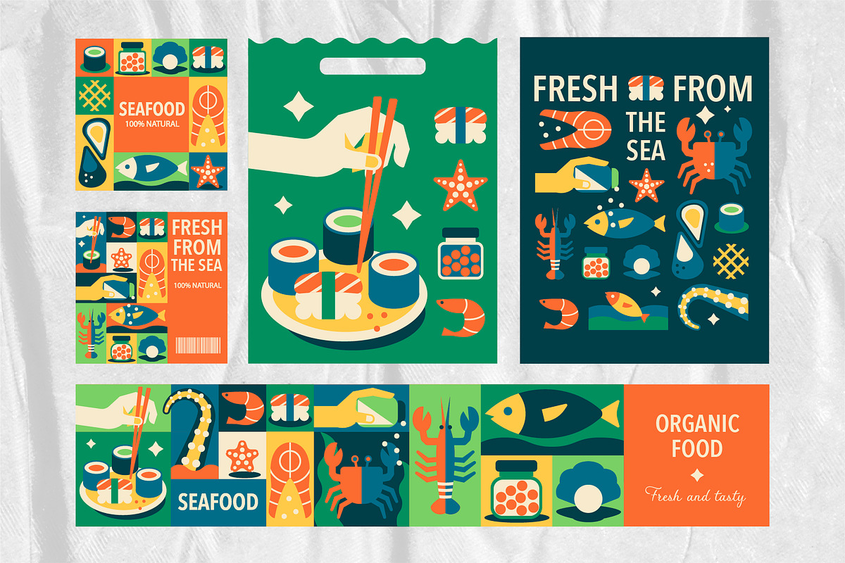 Mosaic Meat and Fish Designs, a Food Illustration by Lettering_Logo (Photo 4 of 9)