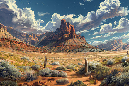 A vast desert expanse features rugge, a Photo by Tanuart