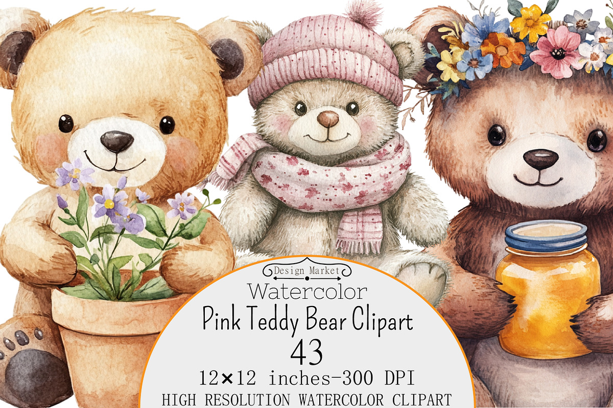 Watercolor Pink Teddy Bear Clipart, a Seasonal Illustration by Design Market (Photo 1 of 5)