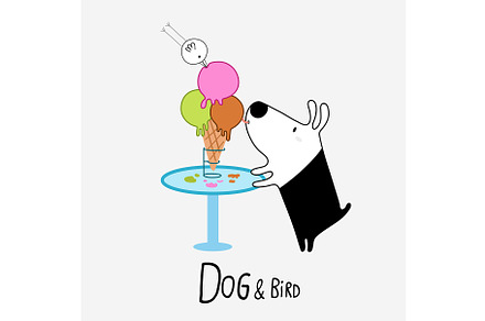 Dog & Bird eating Ice Cream