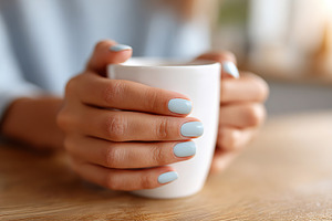 Female hands delicately cradling a white mug of coffee or tea in a cozy indoor, a Food & Drink Photo by AlyaAnd