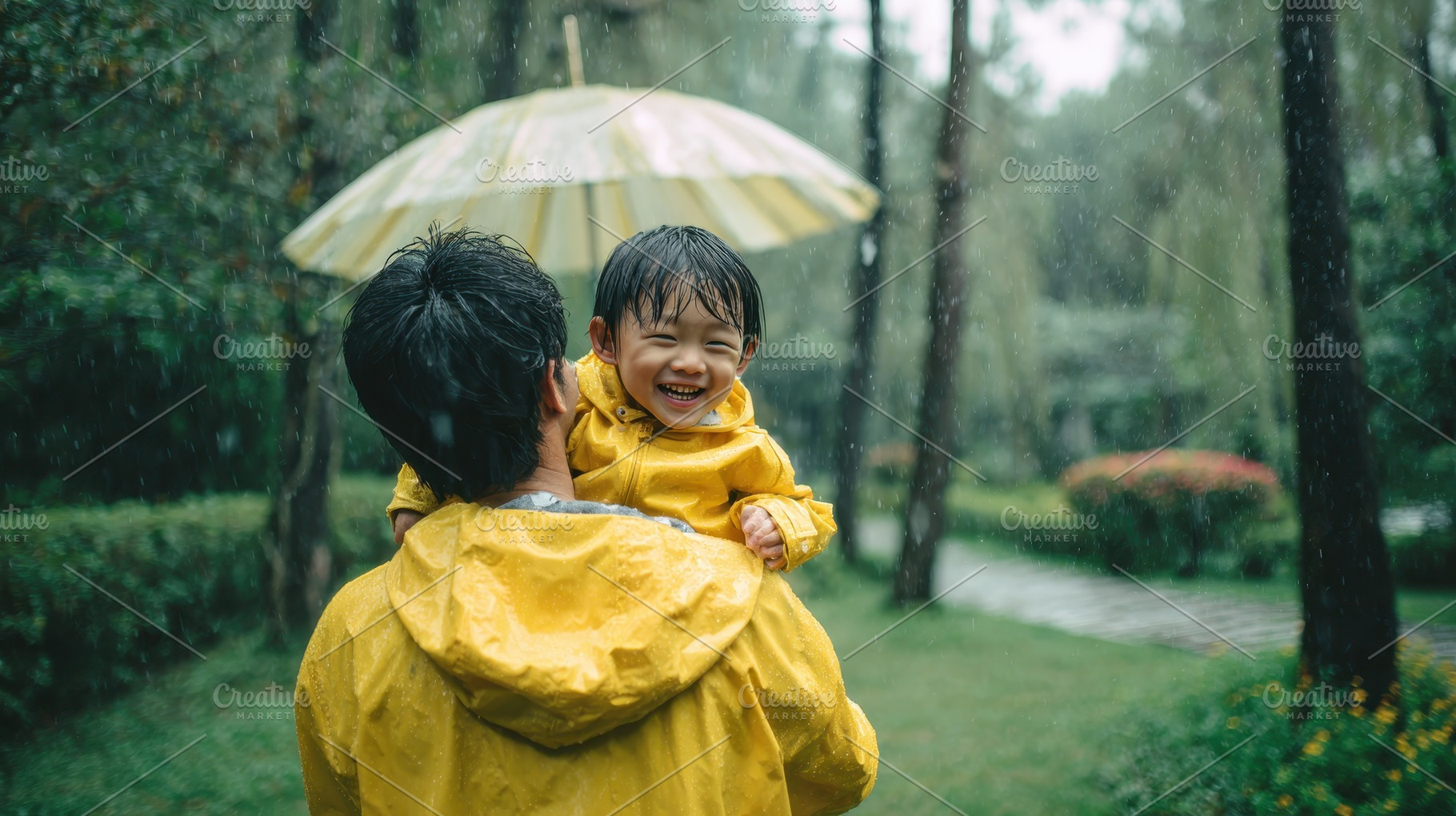 Happy child in yellow raincoat held, a Photo by Pixeness Studio