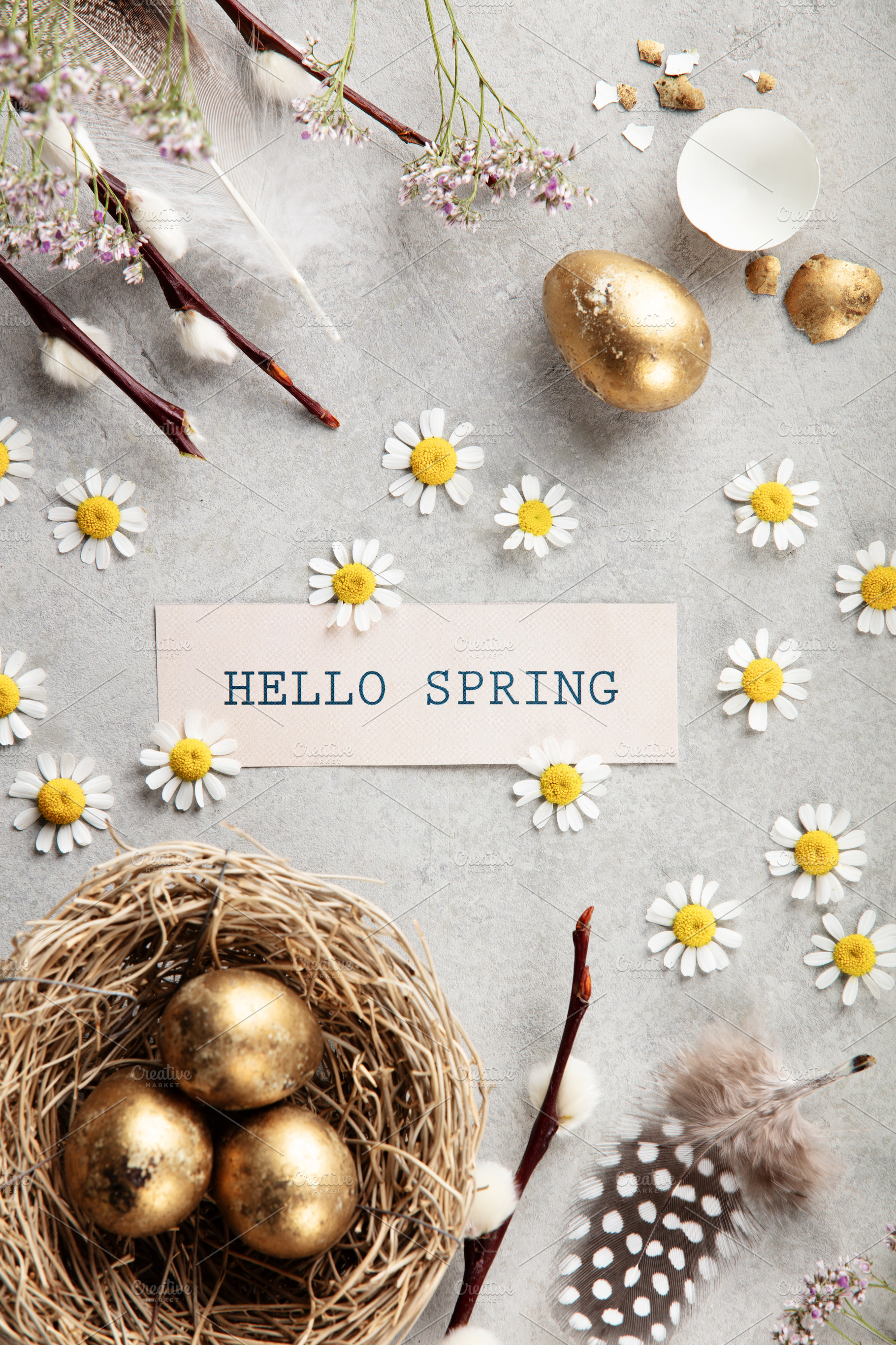 Hello Spring Card with Golden Easter Eggs Nest and Daisies, a Holiday Photo by Natalia Klenova's Shop