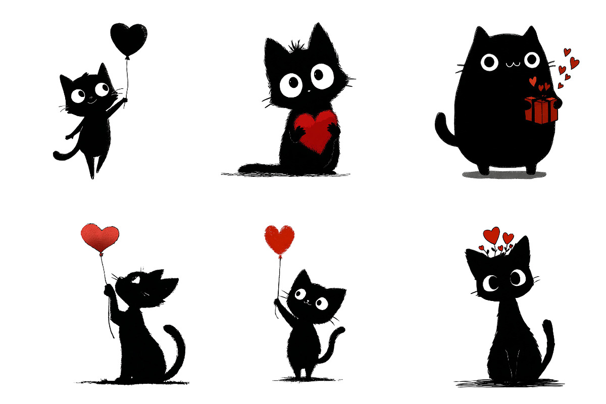 Whimsical Valentine Black Cat Clipar, an Illustration by CreationArt (Photo 2 of 6)